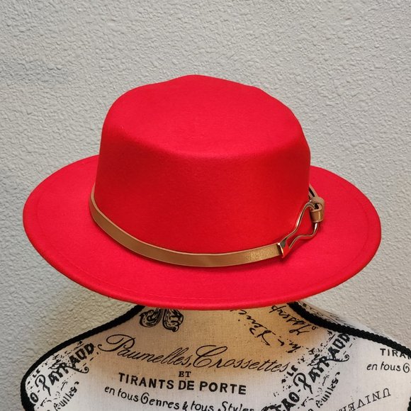 Womens Vintage Red Felt Fedora Buckle Decor Vintage  - NEW - Picture 3 of 6